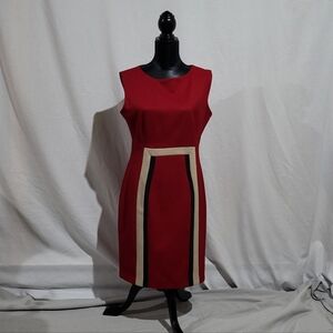 Julian Taylor dress red black beige sleeveless office summer stretchy polyester